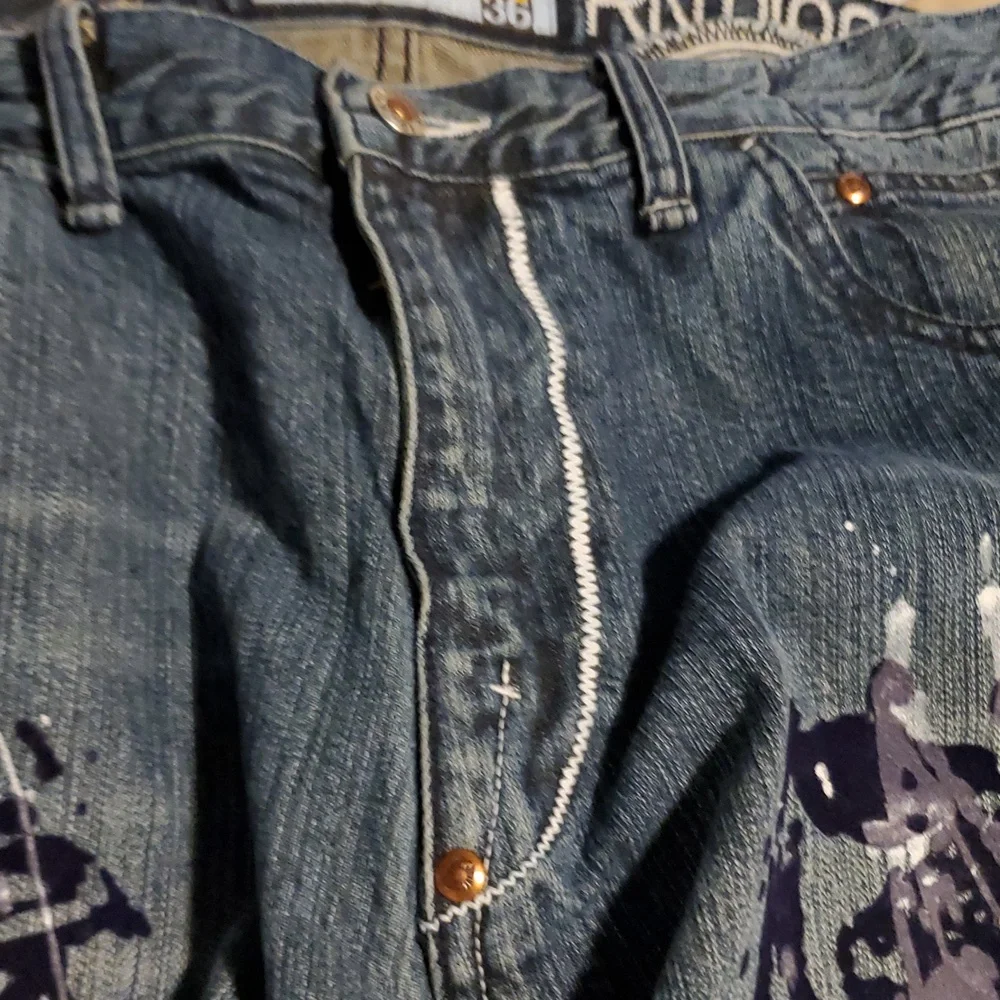 Akademiks Baggy Vintage Jeans Paint Splatter Velvet Feel 36 X 33